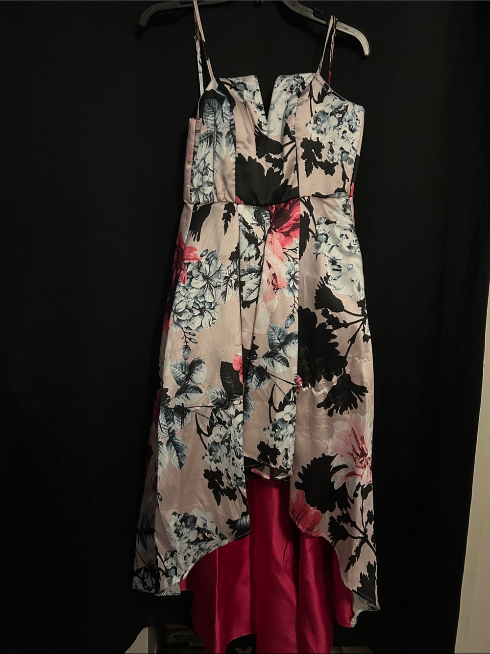 Floral High-Low Satin Dress with Pink Lining